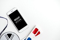 Mockup of a mobile phone with reel and 3d glasses