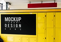 Hanging red sign mockup above yellow luggage locker