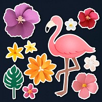 Pink flamingo, paper flower sticker psd set