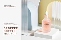Dropper bottle mockup psd with patterned glass texture product backdrop