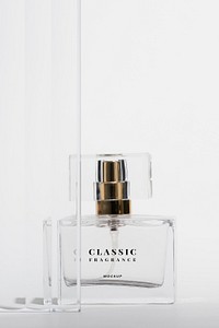 Perfume bottle mockup psd with patterned glass texture product backdrop