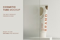 Cosmetic tube mockup psd with patterned glass texture product backdrop