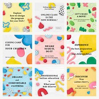 Kids online course template vector plasticine clay patterned social media ad set