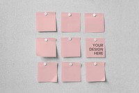 Pink notes mockup pinned on gray wall, stationery psd