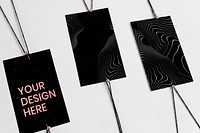 Black label tags mockup psd, with strings