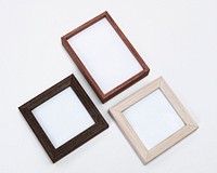 Wooden picture frames mockup psd flat lay home decor