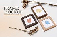 Wooden picture frames mockup psd flat lay home decor