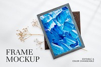 Wooden picture frame mockup psd with colorful painting