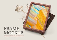 Wooden picture frame mockup psd with colorful painting