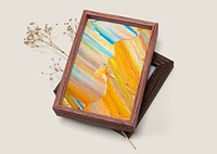 Wooden picture frame mockup psd with colorful painting