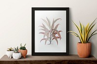 Dark modern picture frame on a shelf with plants 