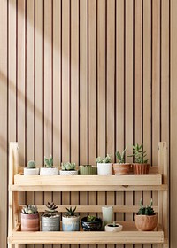 Wooden wall mockup psd with plant shelf