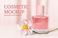 Cosmetic product mockup psd, pink perfume bottle