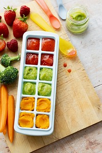 Homemade baby food puree in ice cube tray