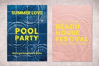 Pool party poster template, water background psd set