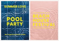 Pool party poster template, psd water background set