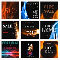 Sale ad template, social media post, with burning flame vector set