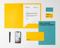 Corporate identity mockup, colorful professional stationery, business branding, flat lay design