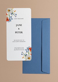 Floral wedding invitation card mockup psd, aesthetic design, blue envelope