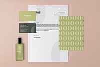 Green corporate identity mockup, professional stationery, business branding, flat lay design