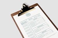 Clipboard menu mockup, paper, restaurant branding psd