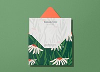 Thank you card mockup, aesthetic stationery, green envelope, flat lay design, psd