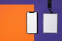 Colorful corporate identity, ID holder, orange blank paper and mobile phone, flat lay design set