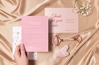 Card mockup, beauty product, flat lay design, pink tone, psd
