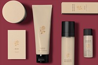 Cosmetic bottle mockups psd, skincare business branding, flat lay design