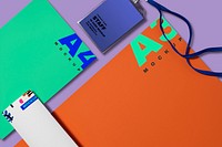 Corporate identity mockup, colorful professional stationery, business branding, flat lay design