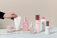 Cosmetic bottle mockups psd, color beauty business branding design