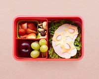 Kids food art psd bento, box with sandwich and strawberries