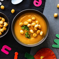 Pumpkin soup, pea puffs, healthy food for kids