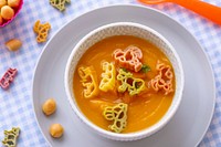 Carrot soup, pasta animals, healthy food for kids