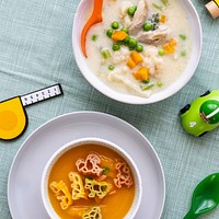 Kids food, carrot soup and chicken soup