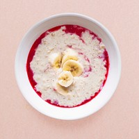Banana porridge, raspberry sauce, psd healthy breakfast