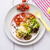 Vegan lunch for kids, pumpkin risotto with lentils