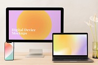 Digital device screen mockups, aesthetic workspace interior design psd