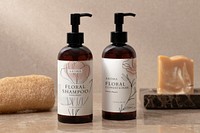 Label mockup psd, brown pump bottle, skincare product design