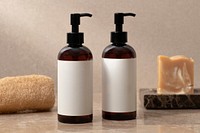 Brown pump bottles, blank white label, spa product packaging design