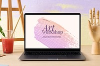Laptop screen mockup, aesthetic art workshop, psd