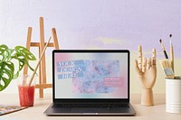 Laptop screen mockup psd, aesthetic artist workspace