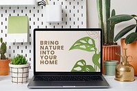 Laptop screen mockup psd, plant lover workspace