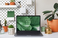 Laptop screen mockup psd, plant lover workspace