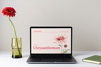 Laptop screen mockup psd, minimal workspace, red flower decoration