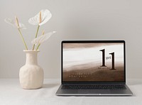 Laptop computer mockup, computer screen psd, modern home interior decor