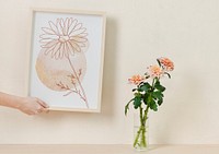 Aesthetic line art, feminine floral design on a picture frame, beige home decor