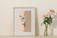 Feminine frame mockup, beige flower line art, psd design