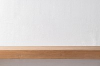 Blank white wall, wooden shelf 