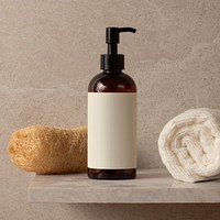 Brown dispenser bottle, blank white label, product packaging, bathroom shelf